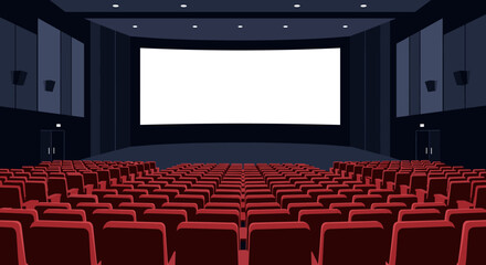 Fototapeta premium Empty cinema theater auditorium with rows of red seats and a large blank white screen ready for a movie presentation