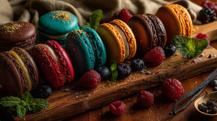 Colorful spread of gourmet macarons in various flavors and colors. Rich chocolate and vibrant teal shells are complemented by fresh raspberries, blueberries, and fragrant mint on a rustic wooden board