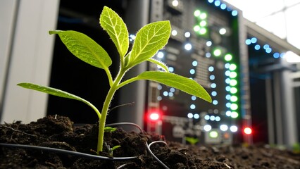 Young plant growing next to server racks with blinking lights