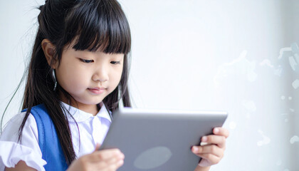 制服姿の女の子がタブレットを手に学習や娯楽に集中している様子。明るく清潔感のある背景が、デジタル教育や現代の学びを象徴するシーン