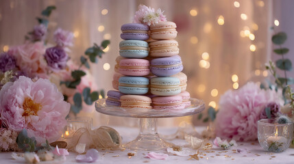 A beautiful tower of pastel-colored macarons on a glass cake stand, surrounded by elegant pink and purple flowers and twinkling fairy lights