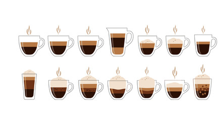 Obraz premium A diverse collection of delicious hot coffee drinks showcasing various espresso preparations and foamy toppings