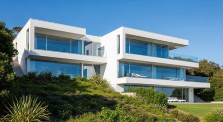 Obraz premium Modern white luxury residence with expansive glass facades overlooking lush greenery