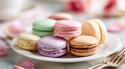 A delicate plate of assorted macarons in a variety of soft pastel colors.beautiful arrangement, surrounded by rose petals and a hint of a teacup, evokes a sense of refined elegance