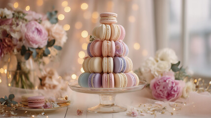 A beautiful and elegant macaron tower, featuring an assortment of pastel-colored macarons on a delicate cake stand. The soft focus and surrounding flowers and lights create a dreamy and romantic 