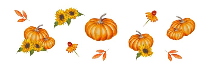 Watercolor autumn illustration with set of orange pumpkins, sunflowers, flowers, leaves on white background.