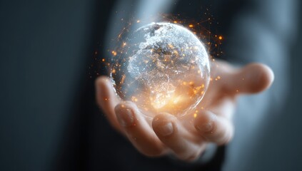 A hand holds a glowing, digital representation of Earth