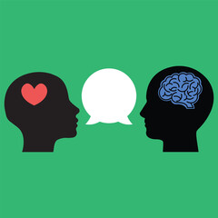 easy conversation of mind and heart. complex psychoanalysis with mentor or behavior help and emotional intellect and iq or bias. flat cartoon modern simple graphic design isolated on green background