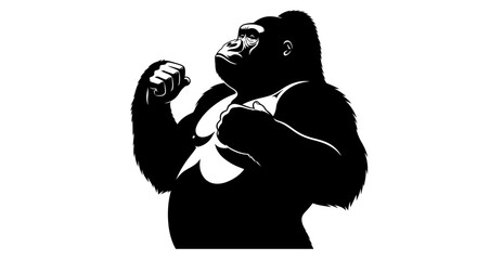 A powerful black and white graphic illustration of a gorilla in a strong, defiant stance.