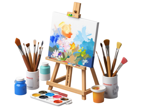 Floating Easel with Canvas and Paint Supplies, Isometric Layout, isolated transparent background png