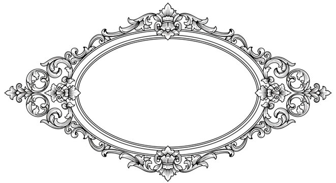 Elegant vintage oval frame with intricate scrollwork and ornate floral motifs for decorative design projects