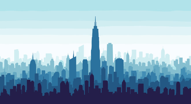 Illustrative blue hues silhouette of modern city skyline featuring tall skyscrapers and urban architecture in distant background