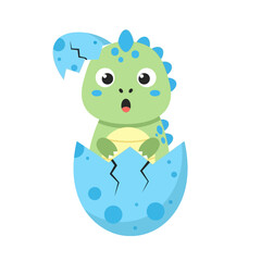 Obraz premium A cute baby dinosaur with a surprised expression hatching from a cracked blue egg