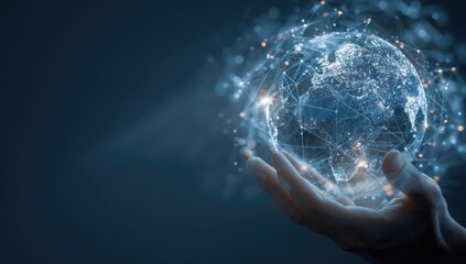 A hand holds a digital representation of Earth, interconnected by a network of lines and glowing points