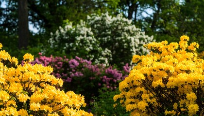 Obraz premium Vibrant yellow azaleas in a garden setting.