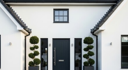 Modern white house entrance with symmetrical topiary trees and dark gray double doors