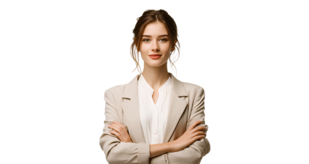 beautiful young woman with an open mouth and raised hands, celebrating success, isolated on a transparent png background
