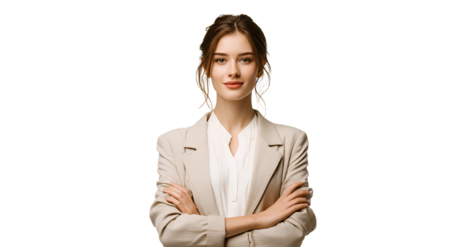 beautiful young woman with an open mouth and raised hands, celebrating success, isolated on a transparent png background 