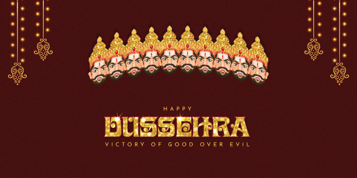 Happy Dussehra festival banner with the ten heads of Ravana. Elegant Indian holiday design celebrating the victory of good over evil.