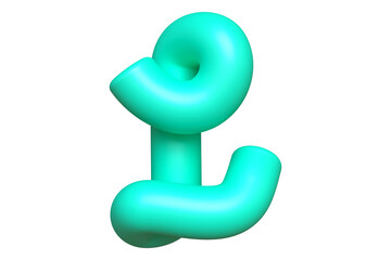 Matte 3D script letter L in teal. Bold cartoon alphabet with pastel colors. High quality 3D rendering for digital art and design.