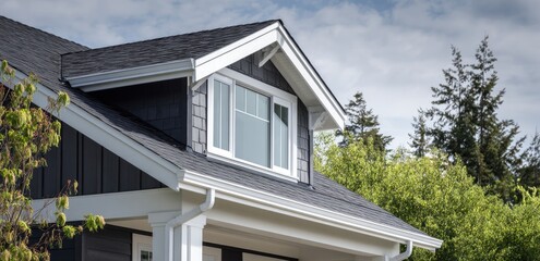 A modern home's gable roof with a dormer window
