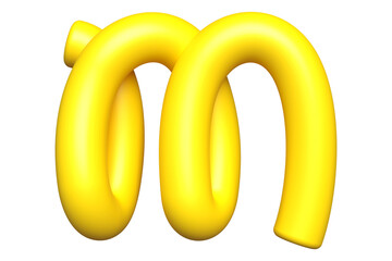 Handwritting matte alphabet letter M in yellow. High quality 3D rendering smooth single-line font element.