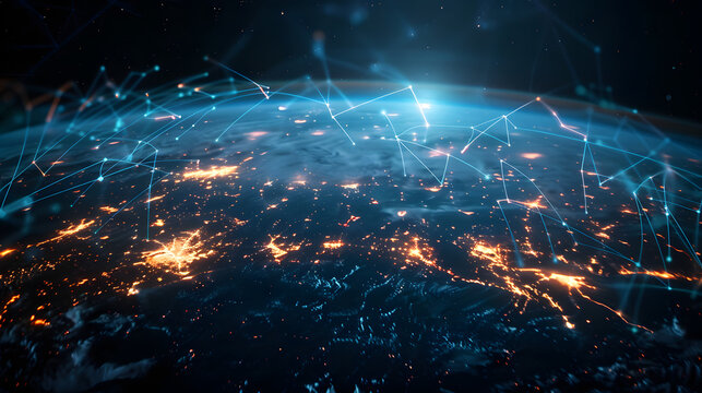 a world map made of glowing lines and nodes, floating in space, connected cities and data streams, powerful and futuristic, ideal for global brand ads, cinematic 16:9