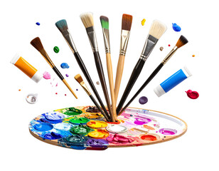 Obraz premium Floating Paint Brushes and Palette, Isometric Composition, isolated transparent background png