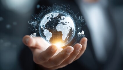 A hand holds a holographic globe, overlaid with interconnected data visualizations, suggesting global interconnectedness and business insights