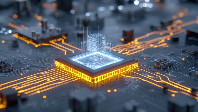 Futuristic city nestled within a computer chip