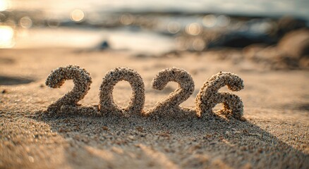 Sand numerals 2026 on beach