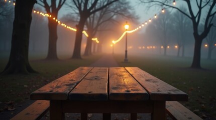 Wooden picnic table in foggy park with string lights outdoor