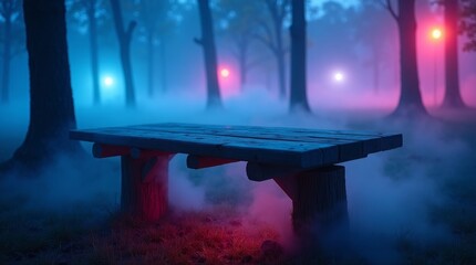Wooden picnic table in misty forest with colorful lights trees