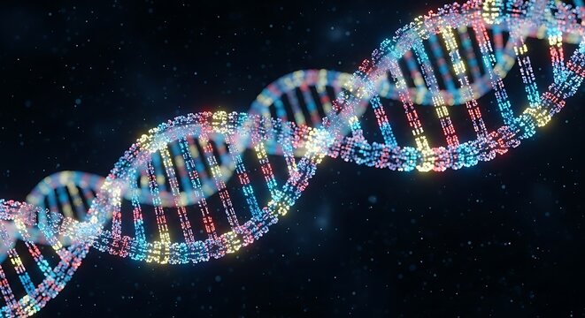 Luminous Multicolor DNA Helix Spiraling Through a Digital Cosmic Expanse.