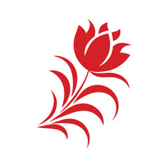 Obraz premium Red stylized tulip flower with swirling leaves on white background floral