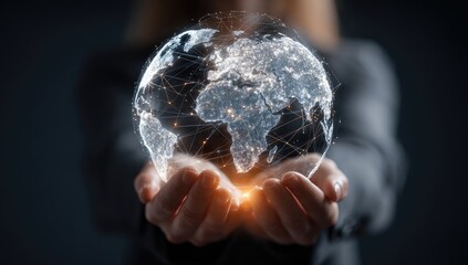 Person holds a digital globe, network connections