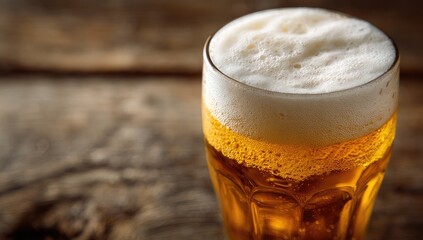 Close-up of a glass of light-colored beer, frothy head