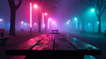 Wooden picnic table in neon lit foggy park at night neon lights