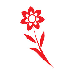 Simple red stylized flower with green stem and leaves on white background bloom blossom