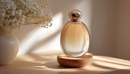 Golden perfume bottle on a wooden stand, sunlight