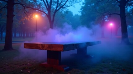Wooden picnic table with colorful fog and streetlights wooden table park
