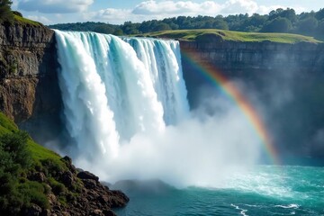 Fototapeta premium Majestic waterfall cascading down rocky cliffs, creating a misty spray and vibrant rainbow The powerful water creates a breathtaking spectacle of nature's beauty , water, rocks, powerful