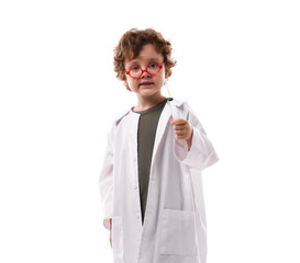 Choice of profession. Little boy in glasses with syringe pretending to be doctor on white background