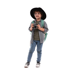 Choice of profession. Little boy in hat with camera pretending to be photographer on white background