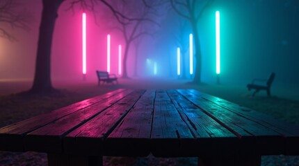 Wooden picnic table with neon lights in foggy park night