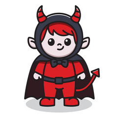 Cute devil demon kid vector cartoon character. Kid in halloween costume.
