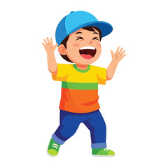 Joyful Little Boy in a Blue Cap: A cheerful illustration captures a delighted young boy, with a vibrant color palette and expressive gestures, radiating pure happiness and youthful energy. 