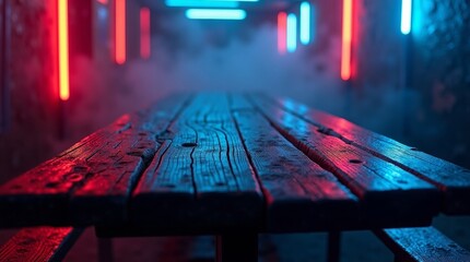 Wooden table illuminated by neon lights picnic table red neon