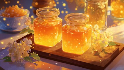 Two glass jars filled with a golden, glowing jam, sit on a wooden tray, surrounded by flowers and soft light