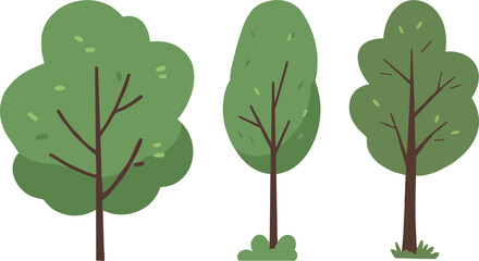 Obraz premium Three cartoon trees with green foliage and brown trunks 